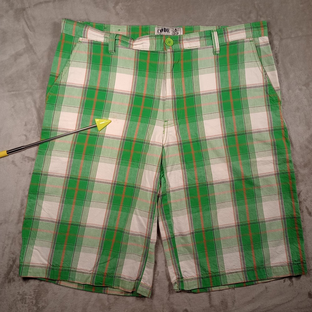Code Plaid Shorts Mens 38 Green Madras Flat Front Cotton Summer Golf Skater - Picture 2 of 10